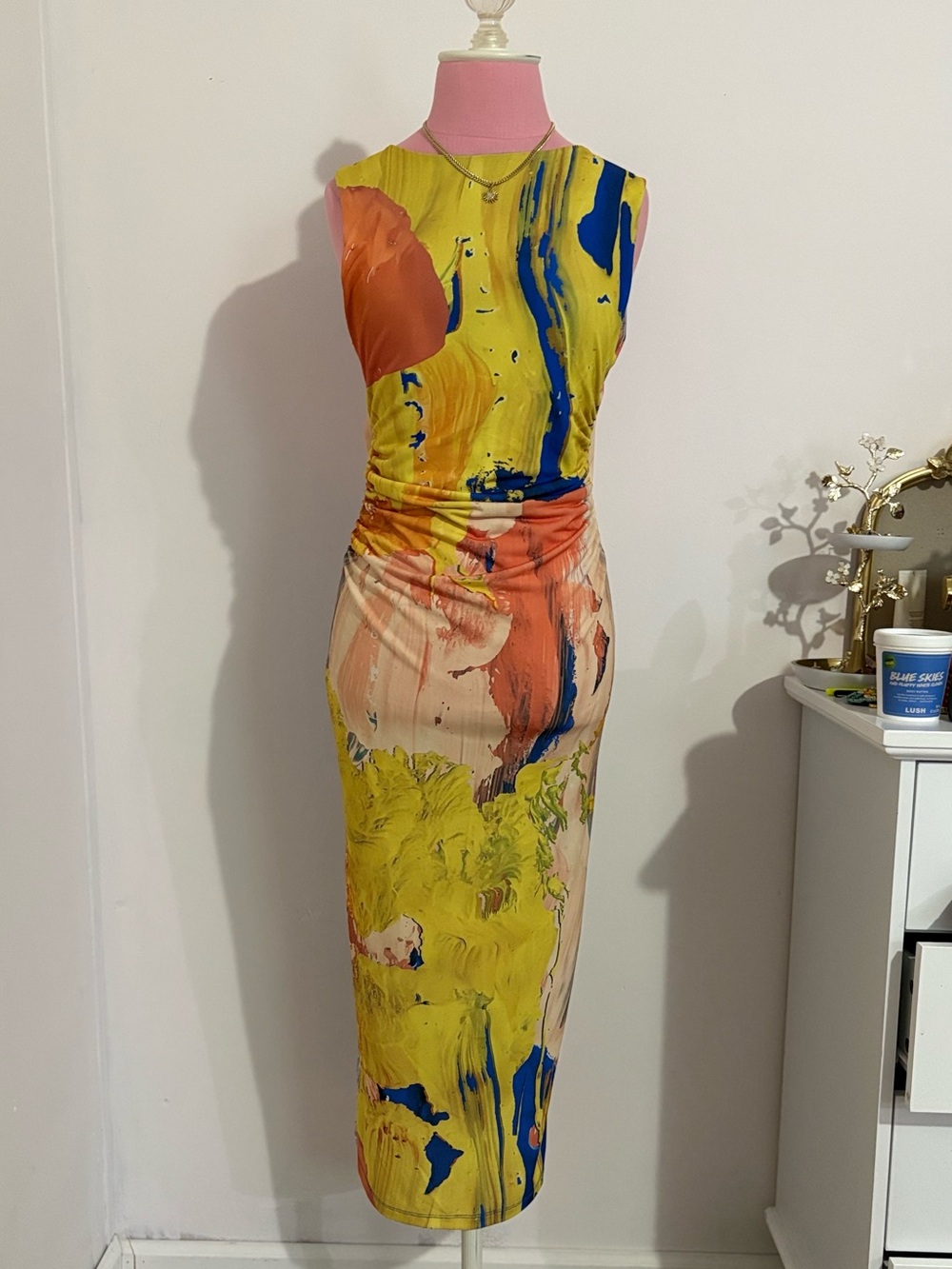 Zara Sleeveless Abstract Midi Dress in Yellow, Blue and Coral